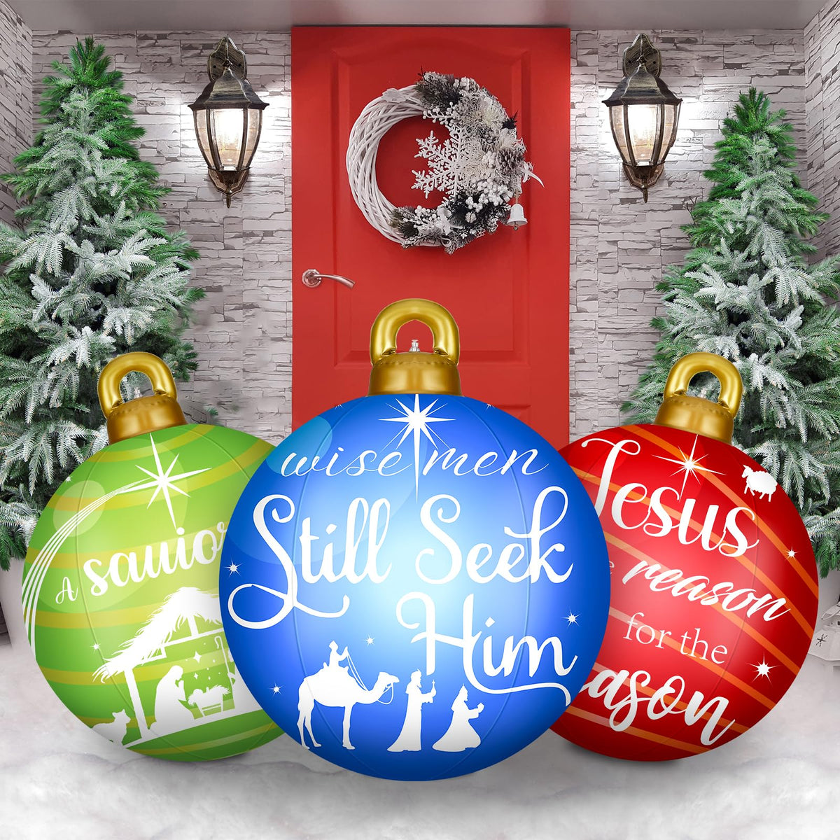 Jetec front view of three inflatable Christmas balls bright curb appeal