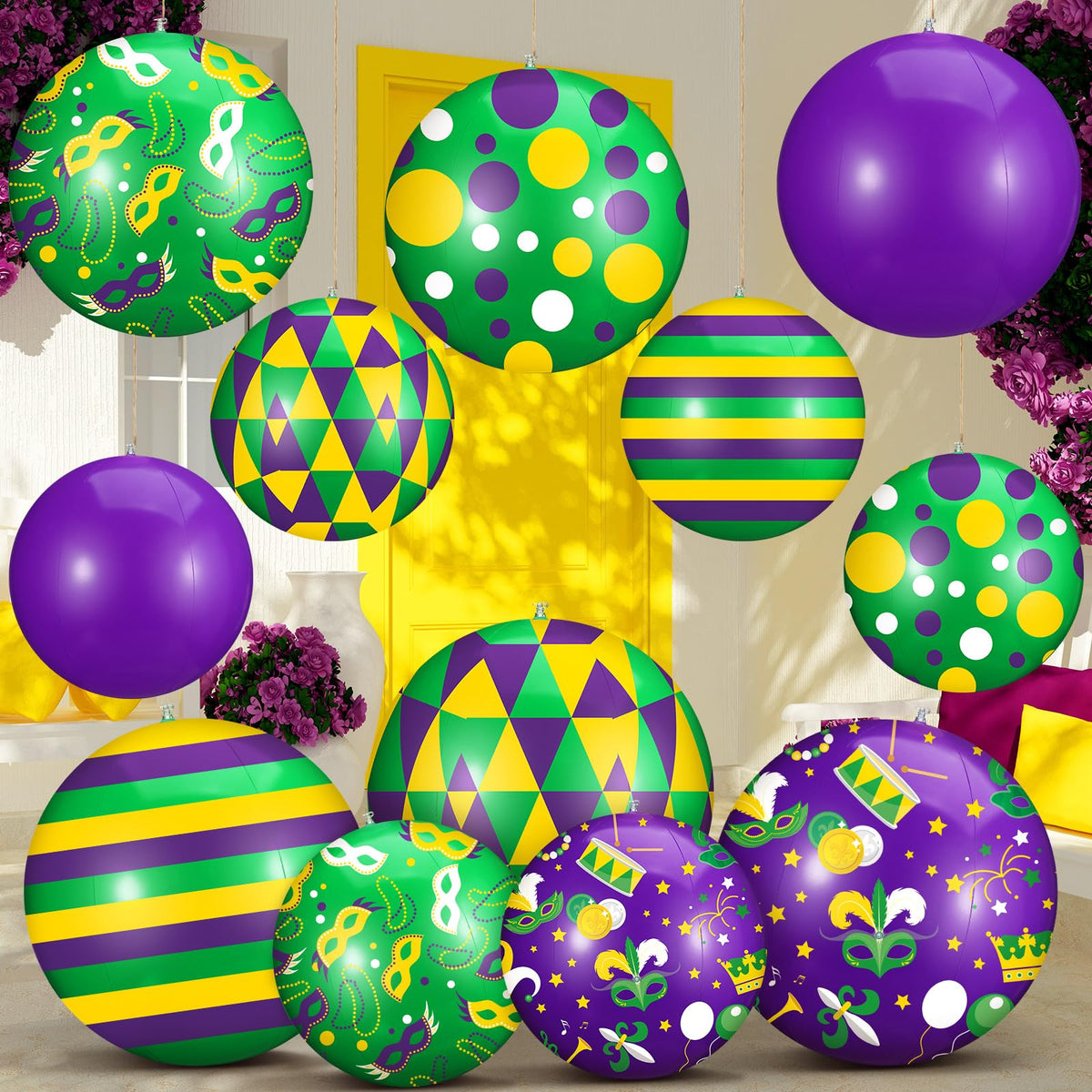 Jetec front view of the 12-piece Mardi Gras inflatable pack showing colors and count benefits visibility