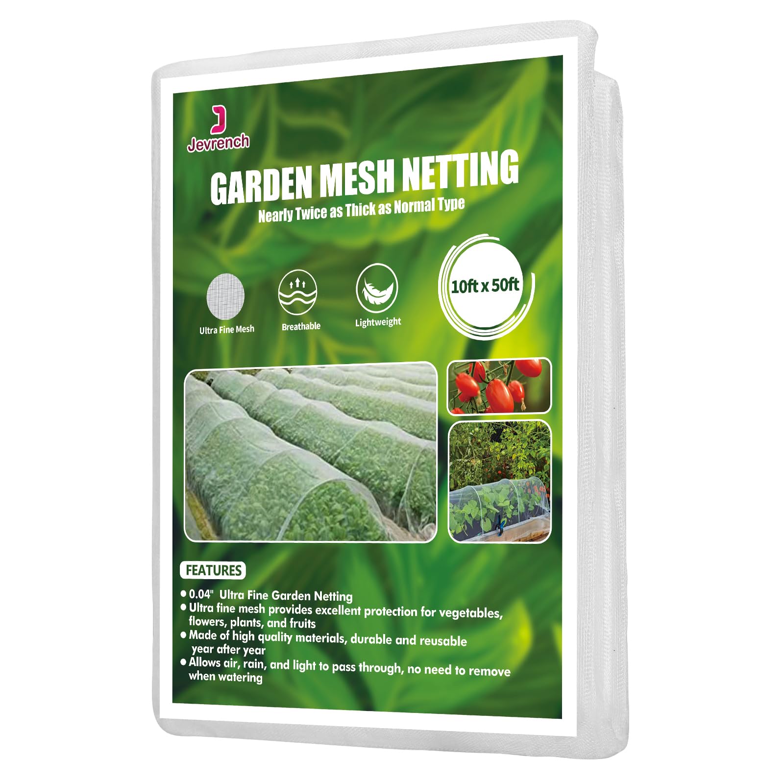 Jevrench front view of 10x50 ft netting shows clear packaging and dimensions, easy selection benefit
