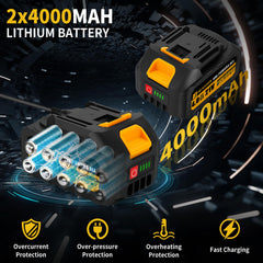JEXUGK two 4.0Ah batteries with rapid charger showing extended runtime benefit