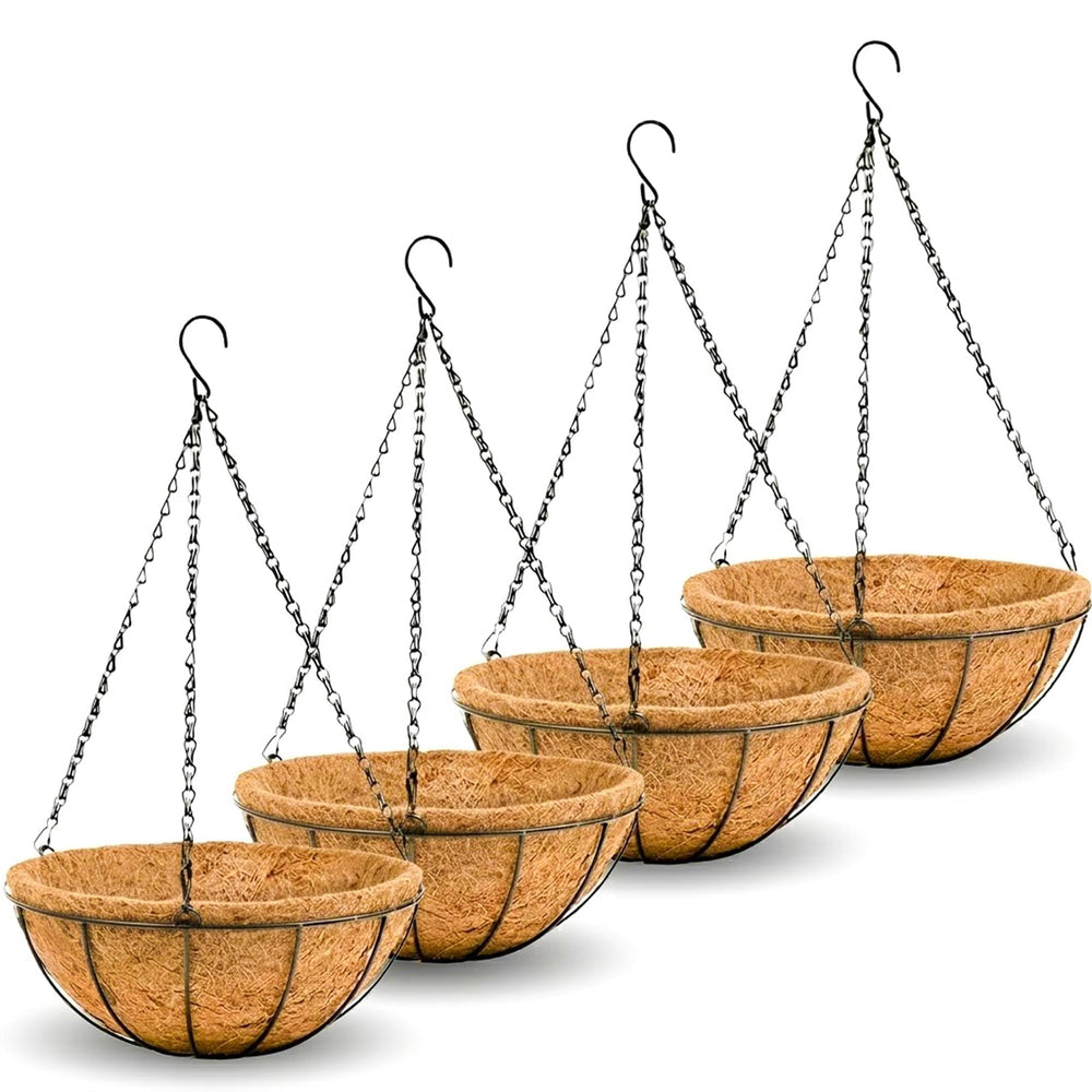 JFFLYIT front view of four metal hanging baskets showing rustic finish and shape
