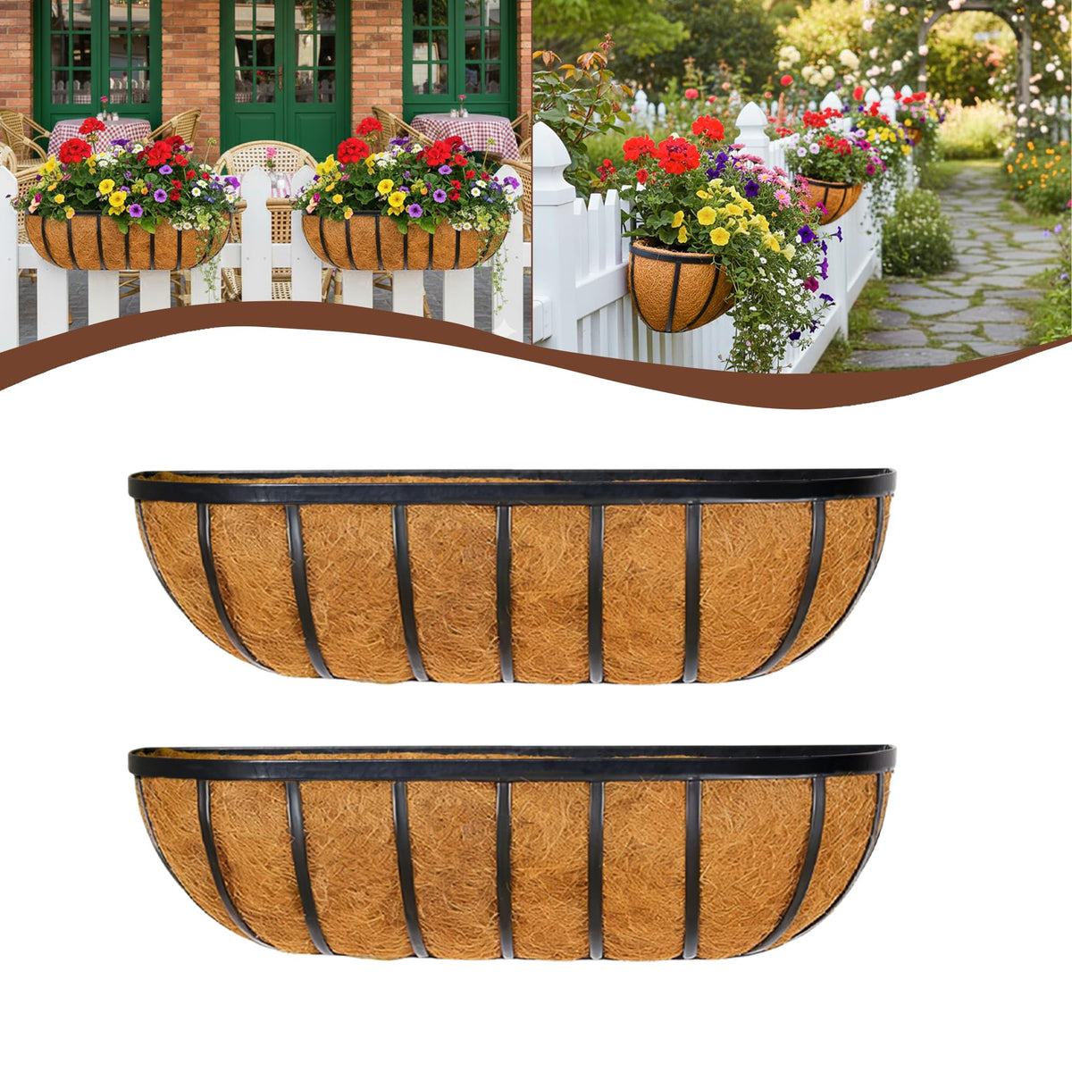 JFFLYIT front view of metal railing planter set showing roomy planting area