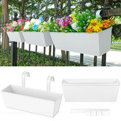 JFMAMJ front view of white 16-inch railing planter, adds instant balcony greenery