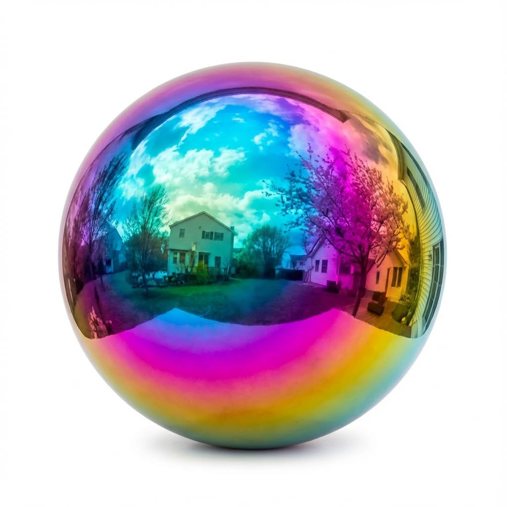 JforSJizT gazing ball front view highlighting shiny rainbow finish and visual impact