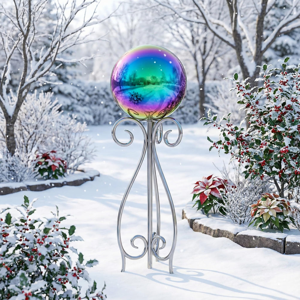 JforSJizT gazing ball placed in garden enhancing plant colors and focal interest