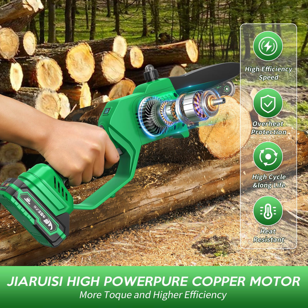 JIARUISI two 1500mAh batteries beside the saw, showing longer runtime and quick swaps