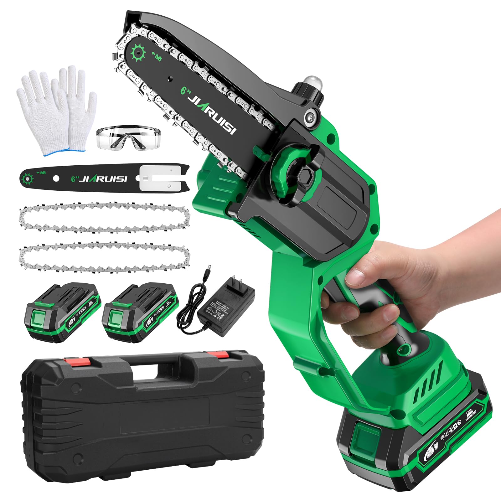 JIARUISI mini chainsaw front view showing compact design and controls, easy handling benefit