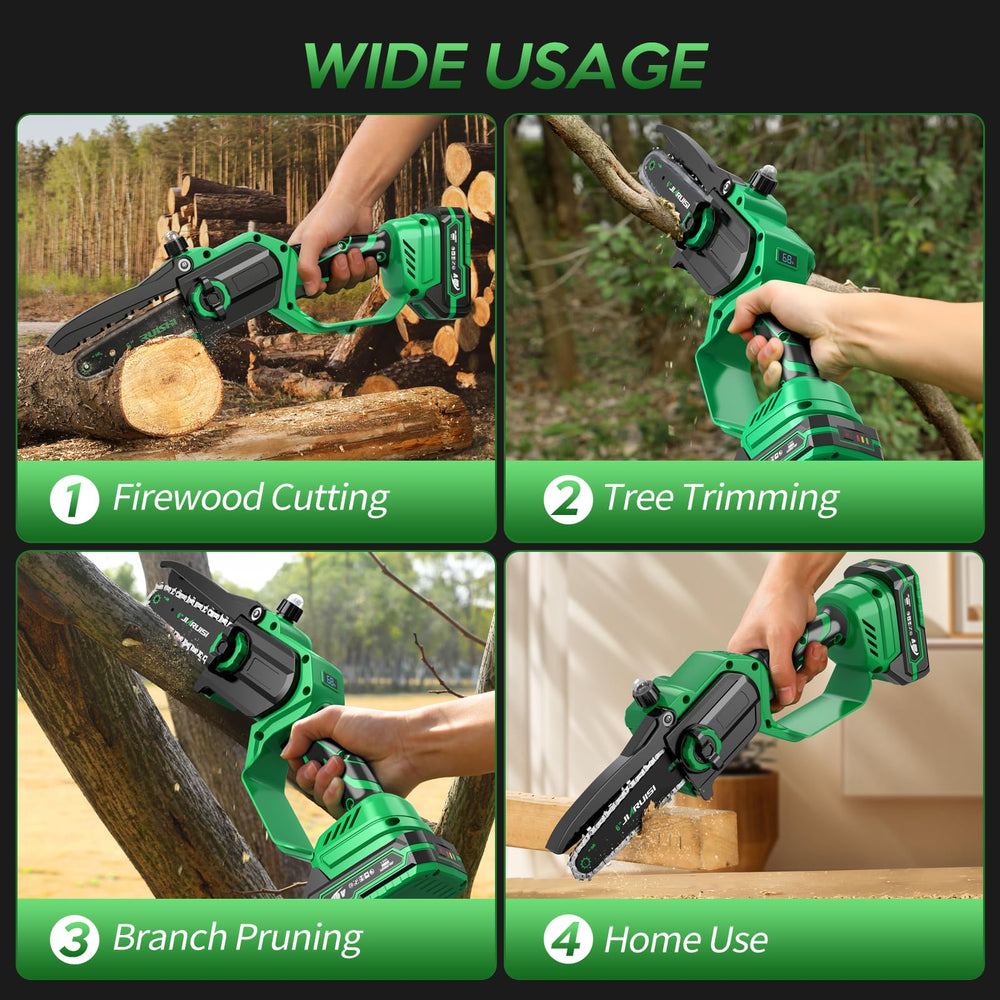 JIARUISI mini chainsaw next to a hand for scale, illustrating lightweight user-friendly size