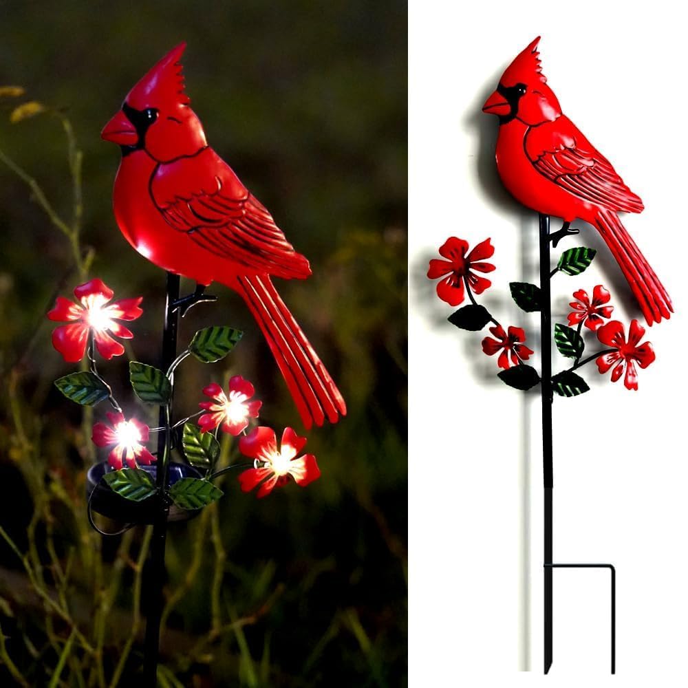Jiasku red cardinal front view showing decorative stake and LED light benefit