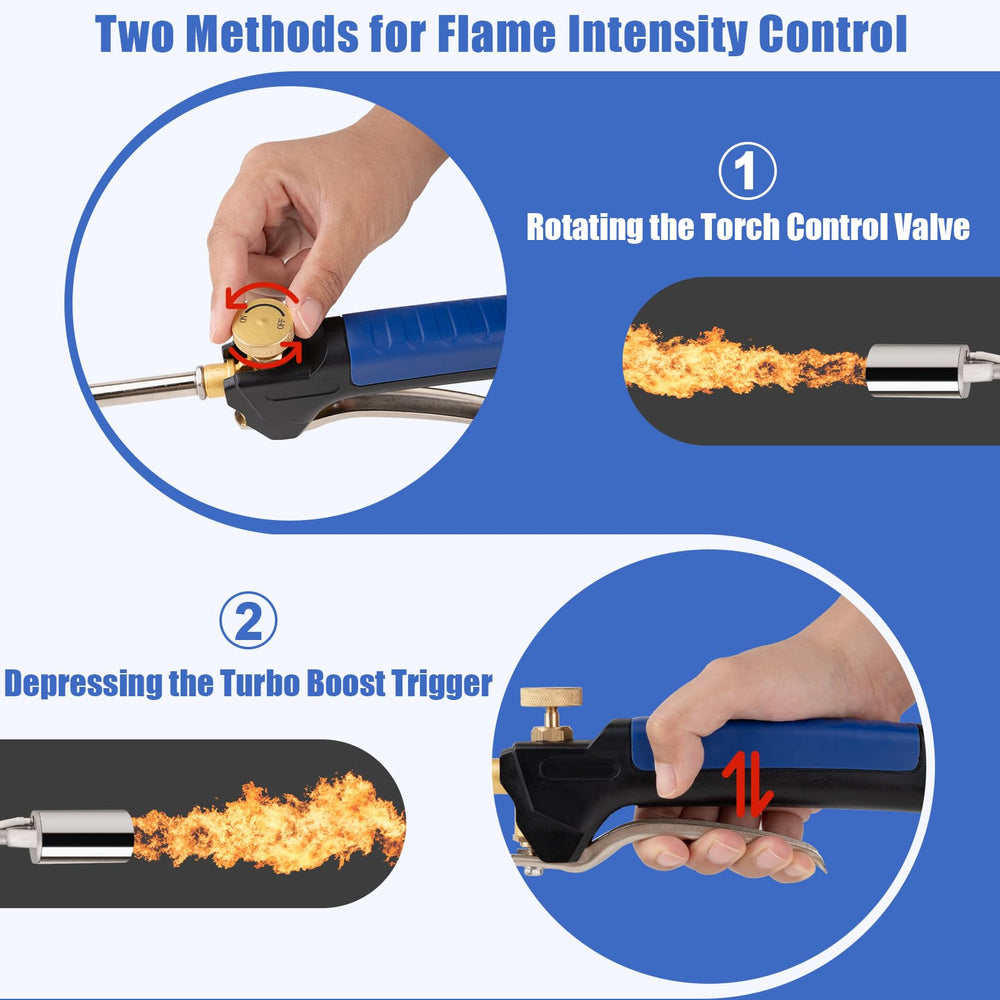 Jiimee nozzle close-up highlighting 2.3-inch head for broad, even flame coverage