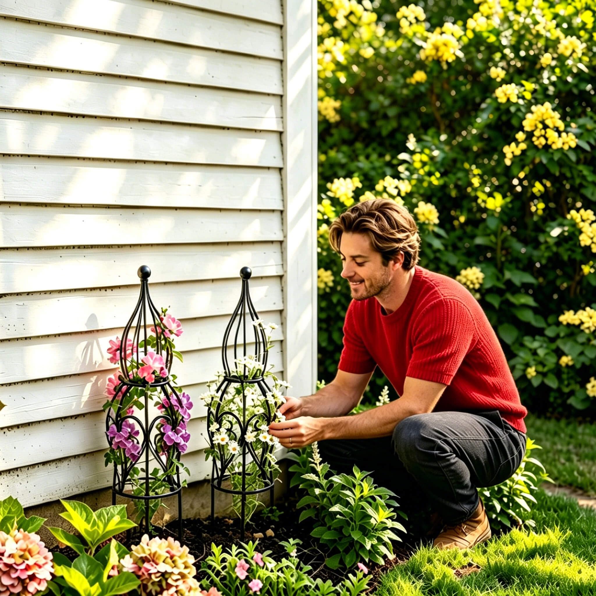 JILLSKY obelisk set installed in a patio planter offering vertical support benefit