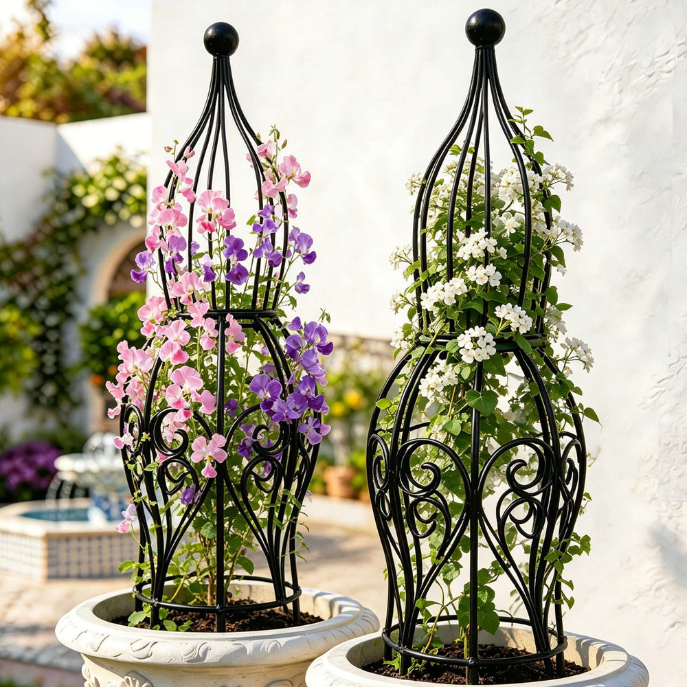 JILLSKY side profile of metal obelisk demonstrating slim footprint and stability