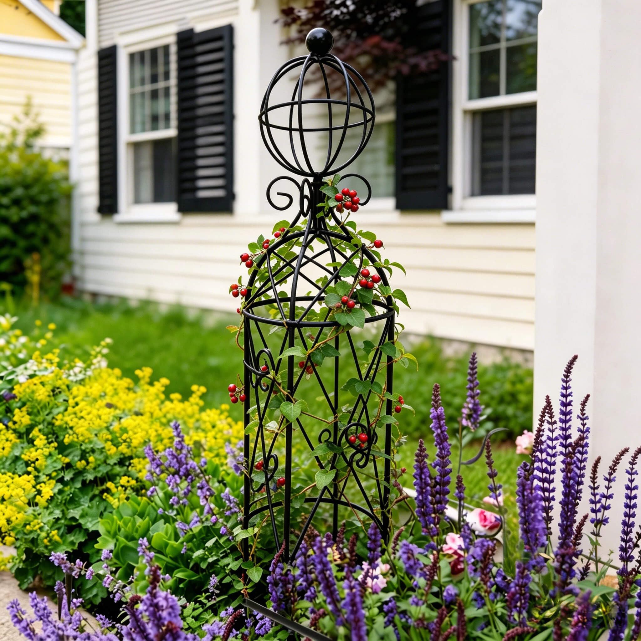 JILLSKY obelisk in pot supporting climbing rose demonstrating vertical growth support benefit