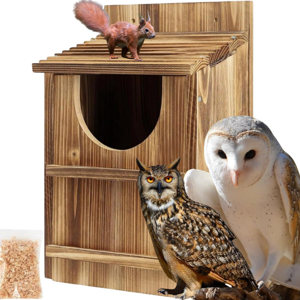 JILVGS owl box front view showing secure entrance and natural finish benefiting wildlife shelter