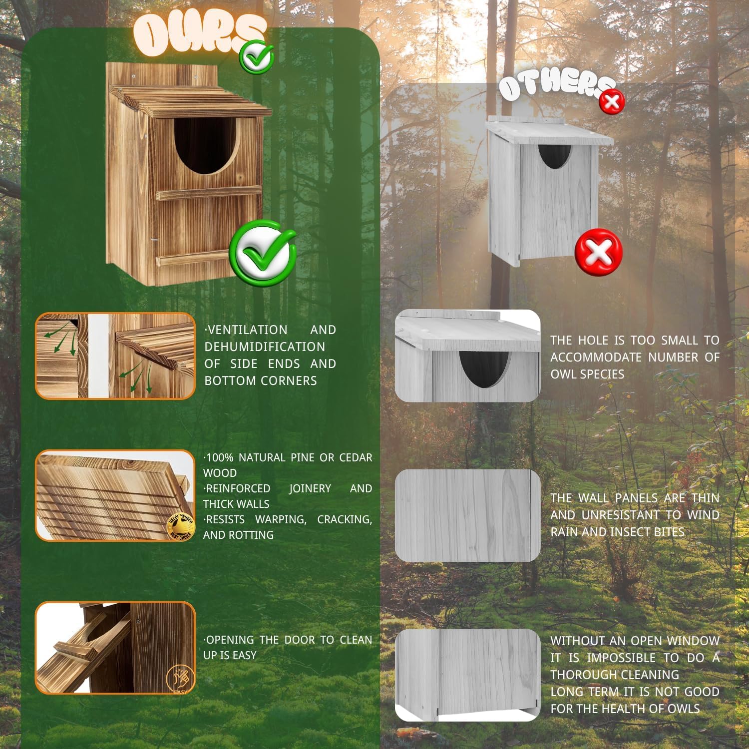 JILVGS owl box interior access hinge showing easy cleaning and maintenance advantage