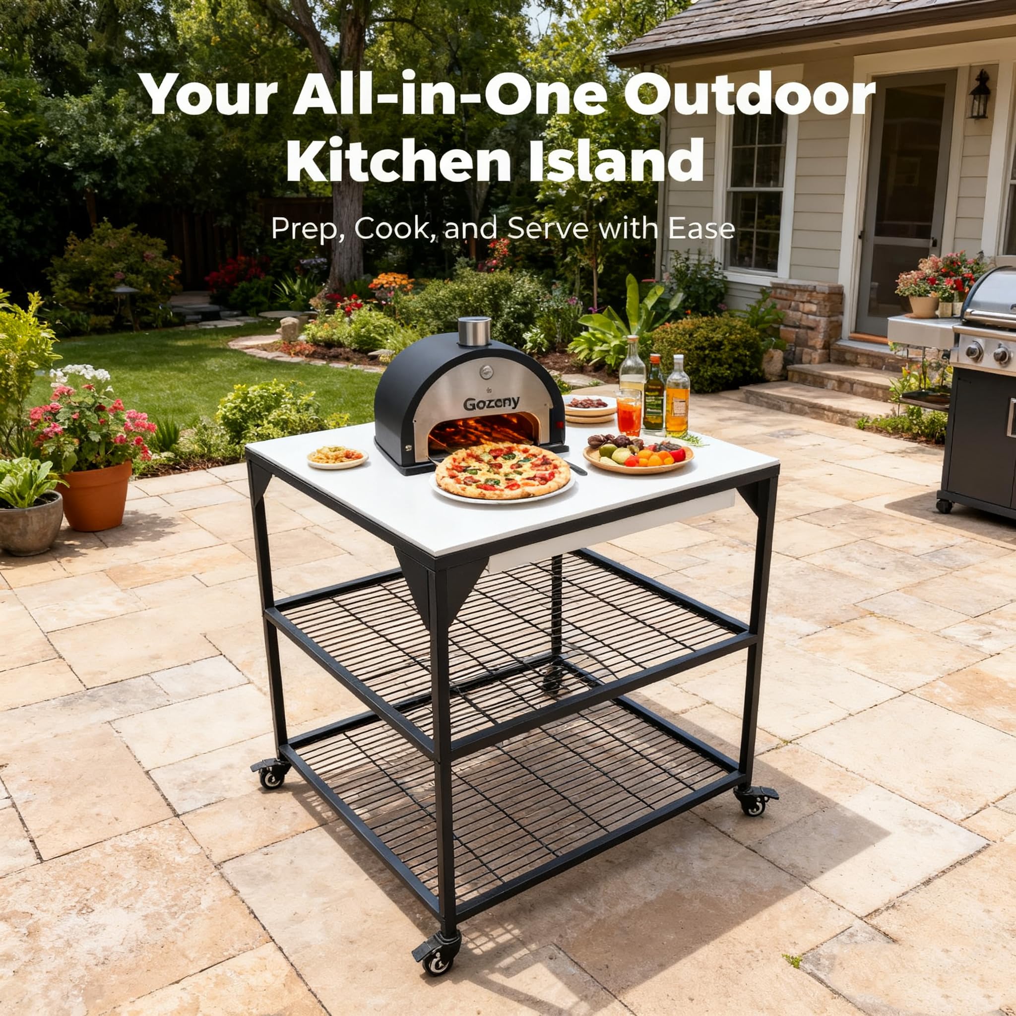 JIN BETTER GRILL PARTS staged on patio with pizza oven, versatile entertaining benefit