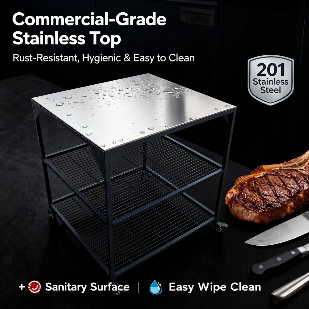 JIN BETTER GRILL PARTS stainless steel tabletop close-up, sanitary easy-to-clean benefit