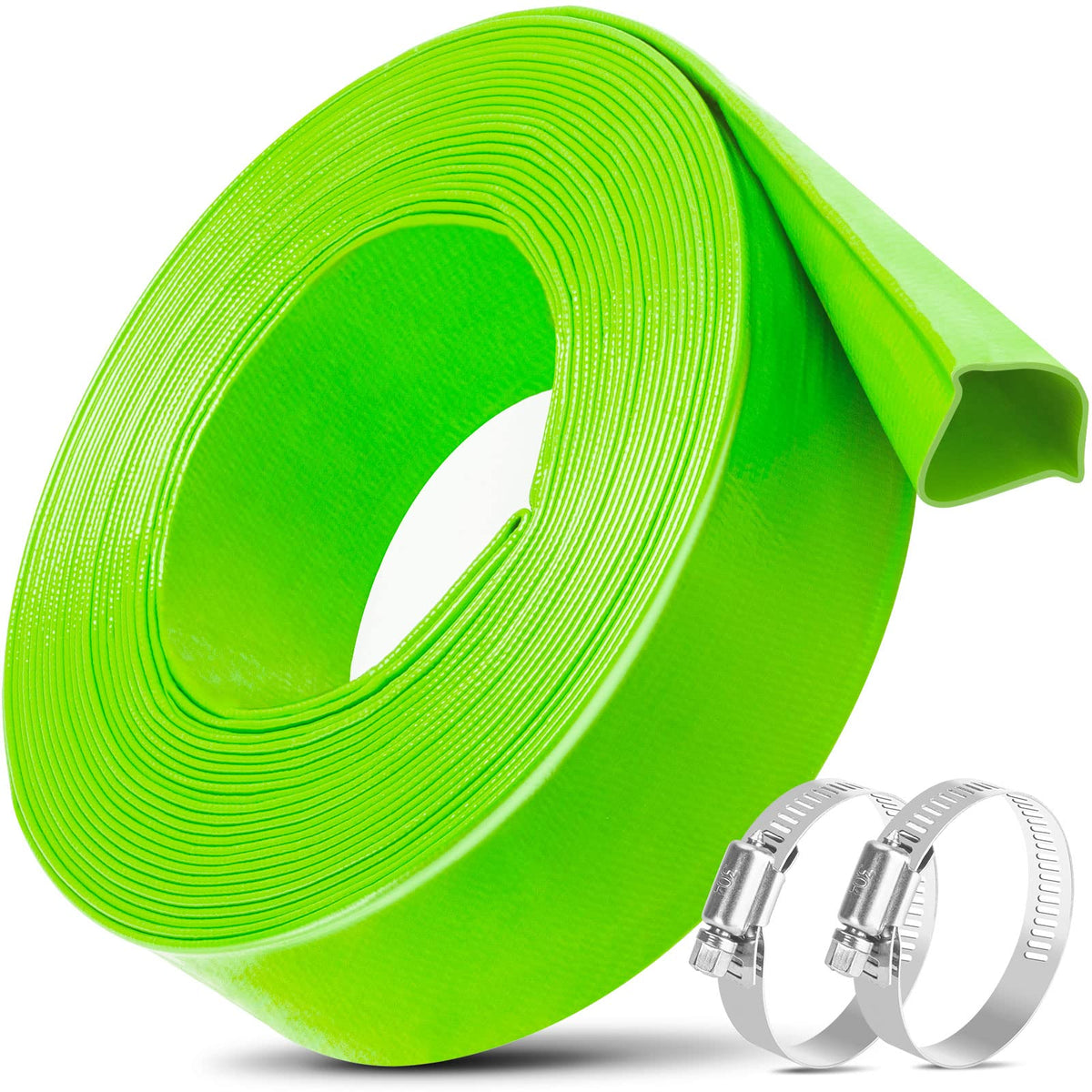 Jin&Bao front view of green 2-inch backwash hose showing durable exterior and length benefit