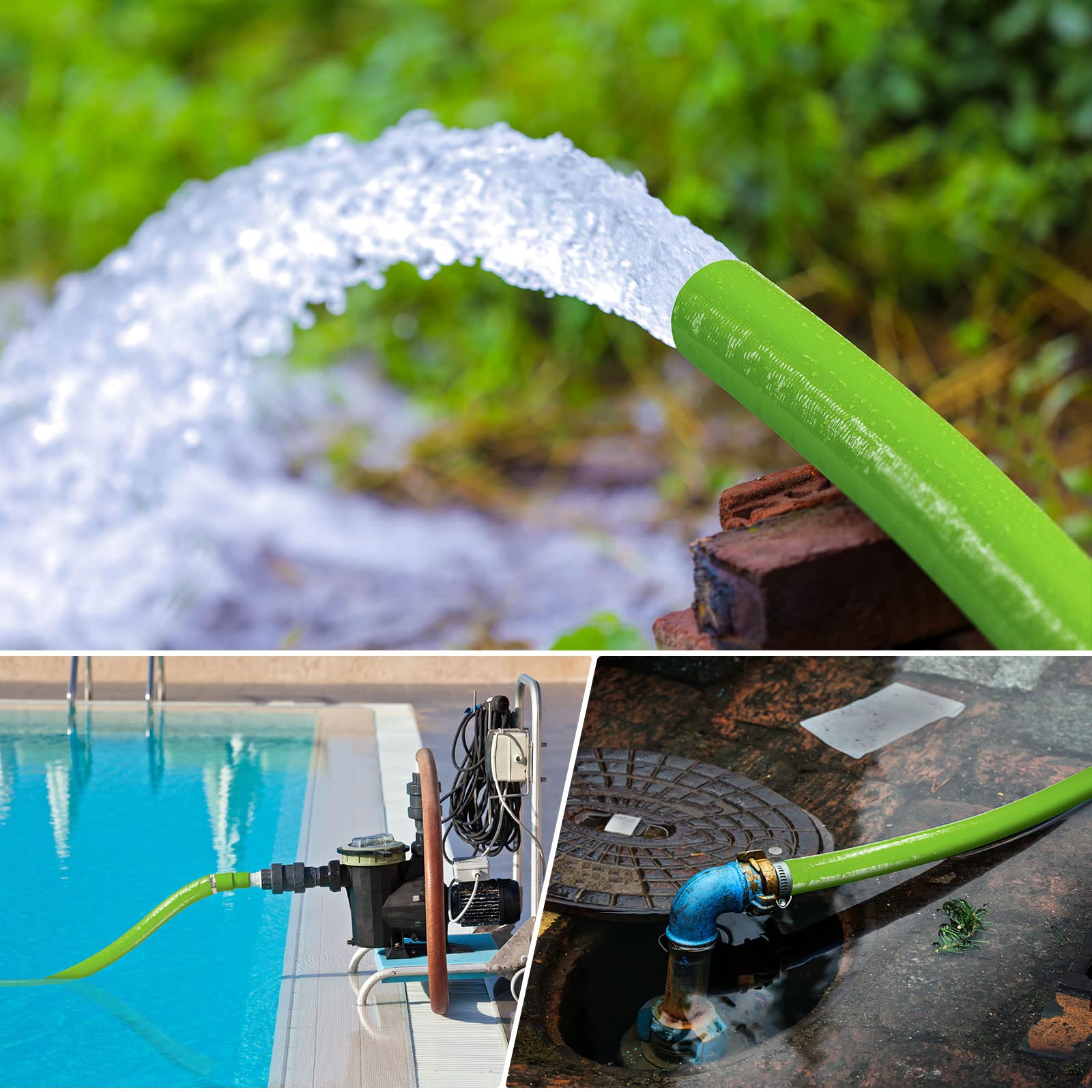 jin&bao hose stretched beside tape measure showing 50 ft reach for long-distance drainage
