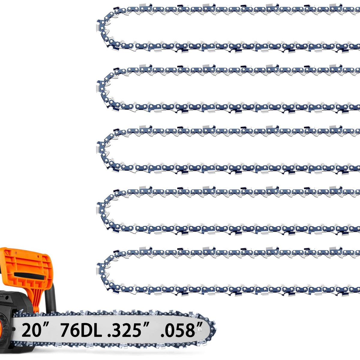 JINFFR front pack showing five 20 inch chains and clear specs — reliable spares