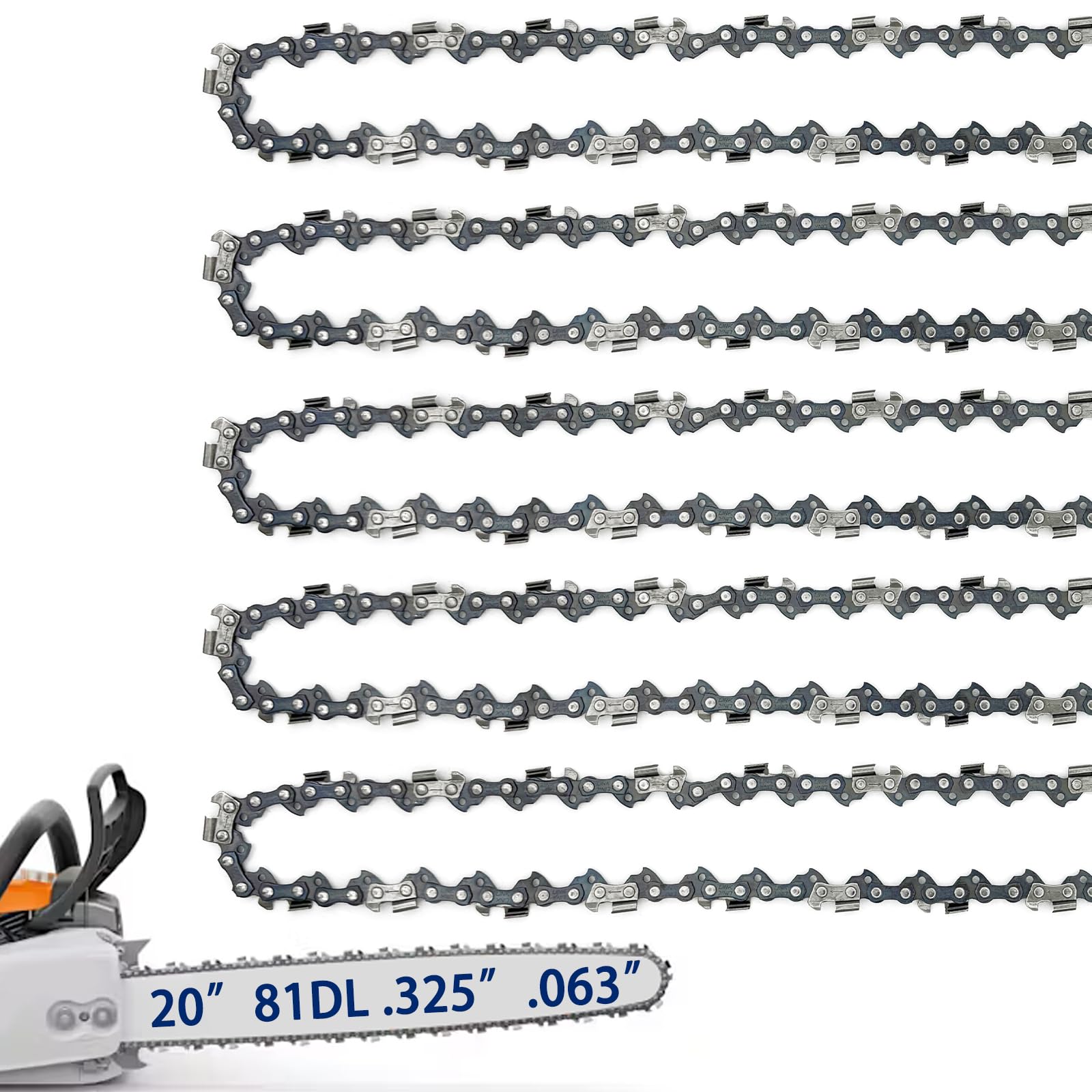 JINFFR front pack showing five 20-inch chains and label, ready for quick replacement
