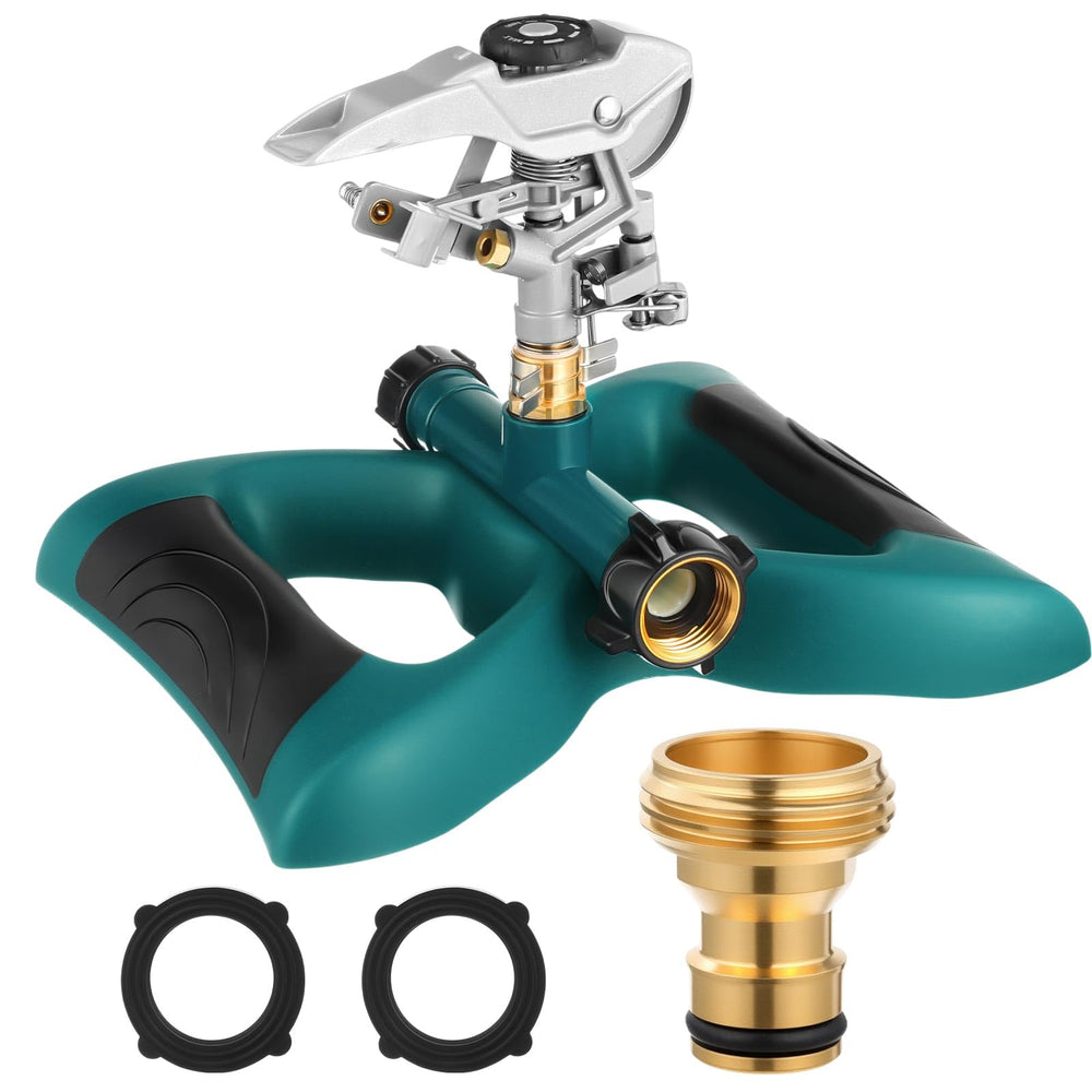 Jingmore front view sprinkler showing stable base and full-circle coverage benefit