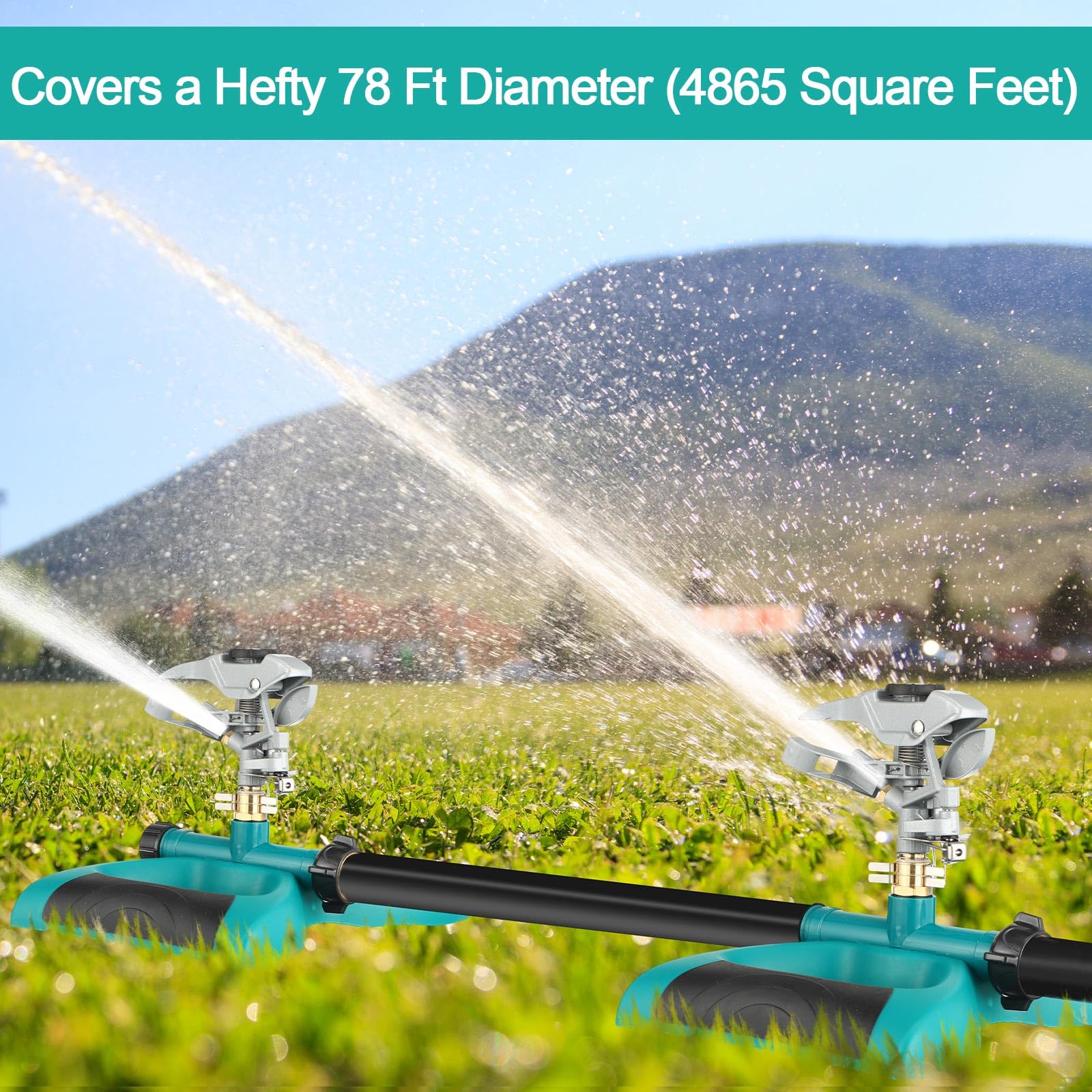 jingmore sprinkler beside garden hose for scale, illustrates compact robust size