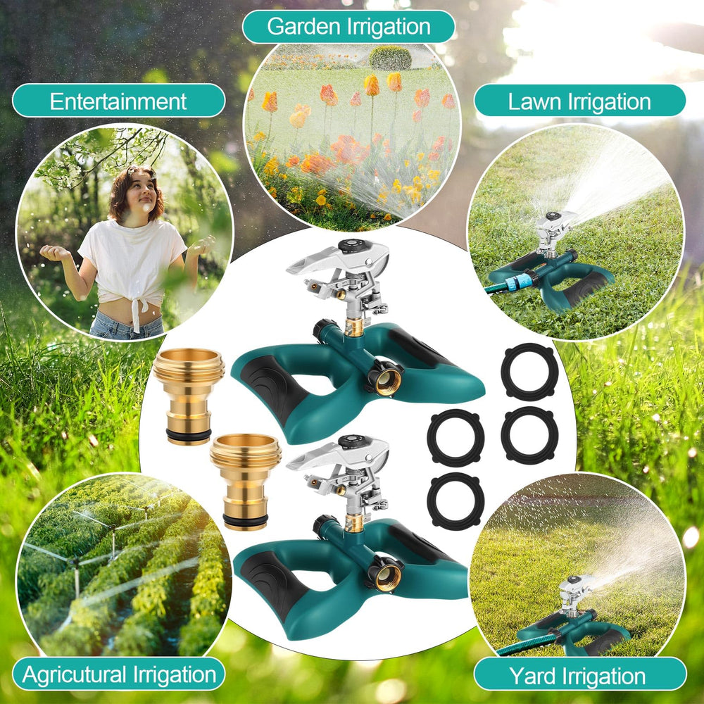 jingmore sprinkler spraying across lawn, demonstrates wide adjustable coverage