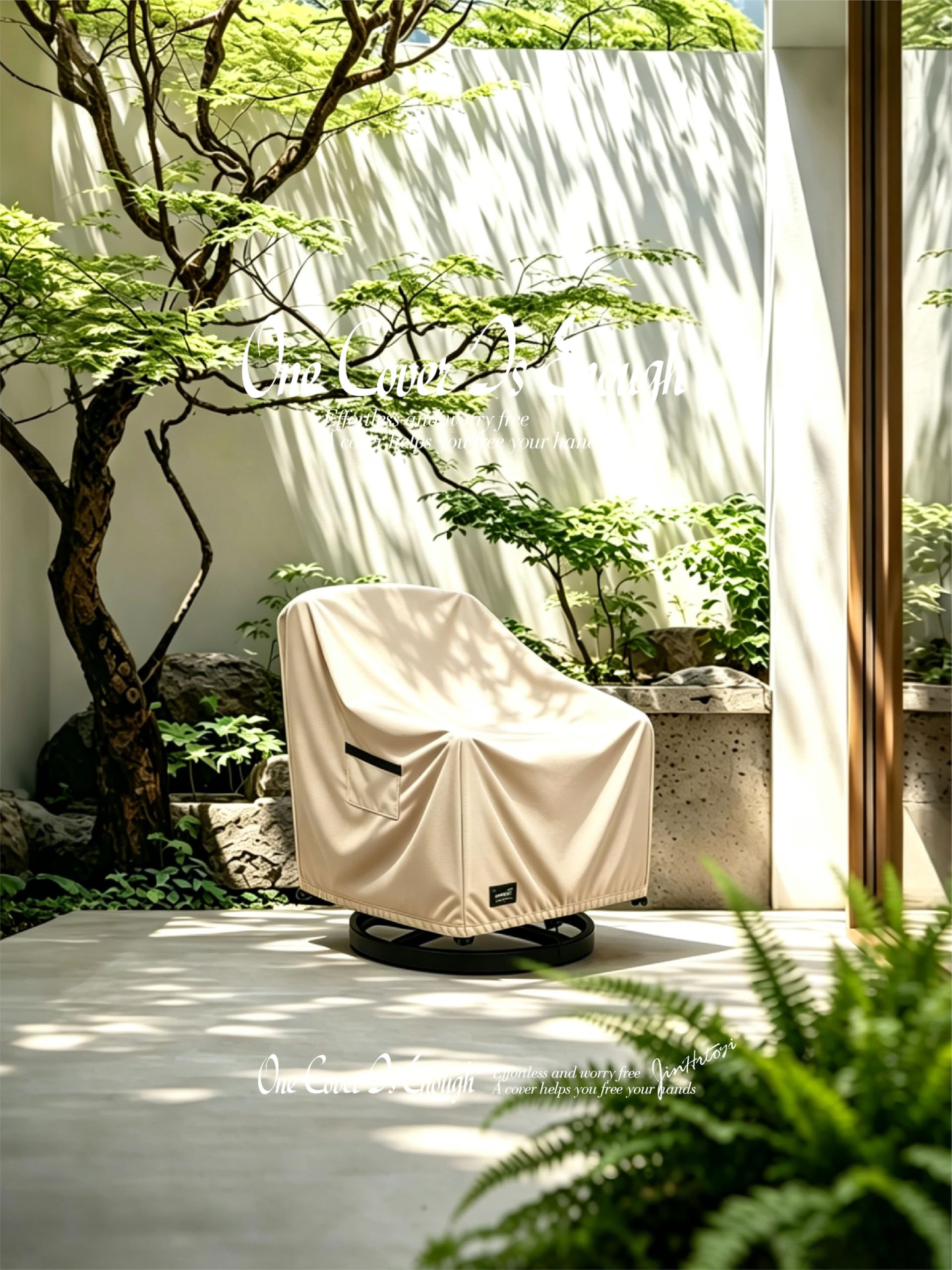 Jin Hrtoyi covered chair shedding rainwater demonstrating protection