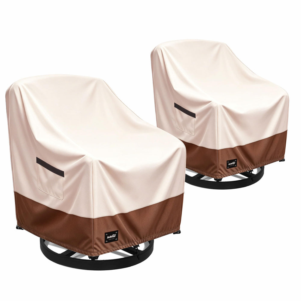 Jin Hrtoyi front view of two chair covers protecting patio chairs