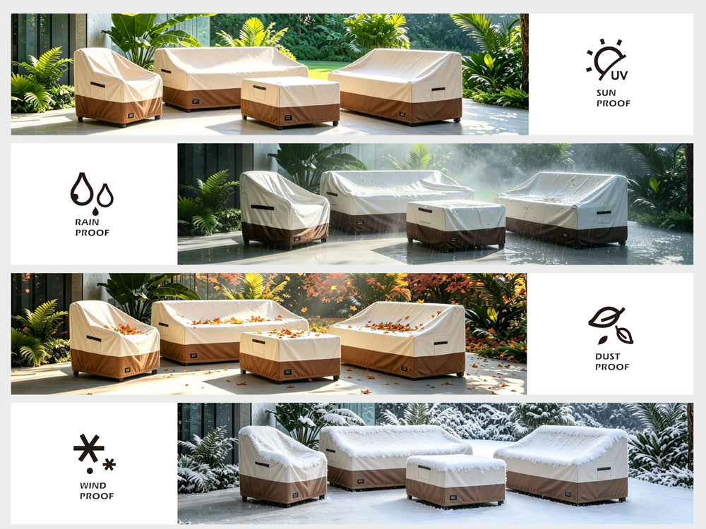 Jin Hrtoyi cover installed on patio sofa demonstrating outdoor protection