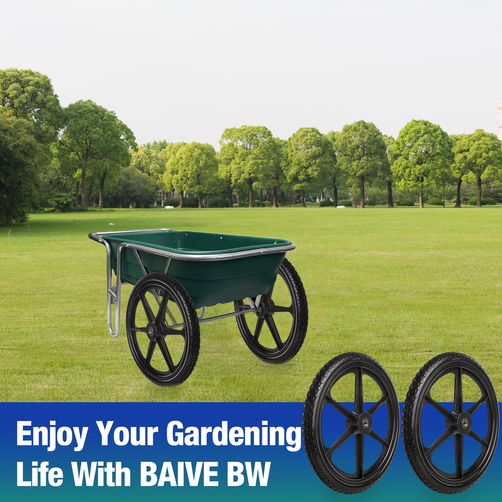 Jinleader wheel on garden trailer illustrating maintenance-free hauling