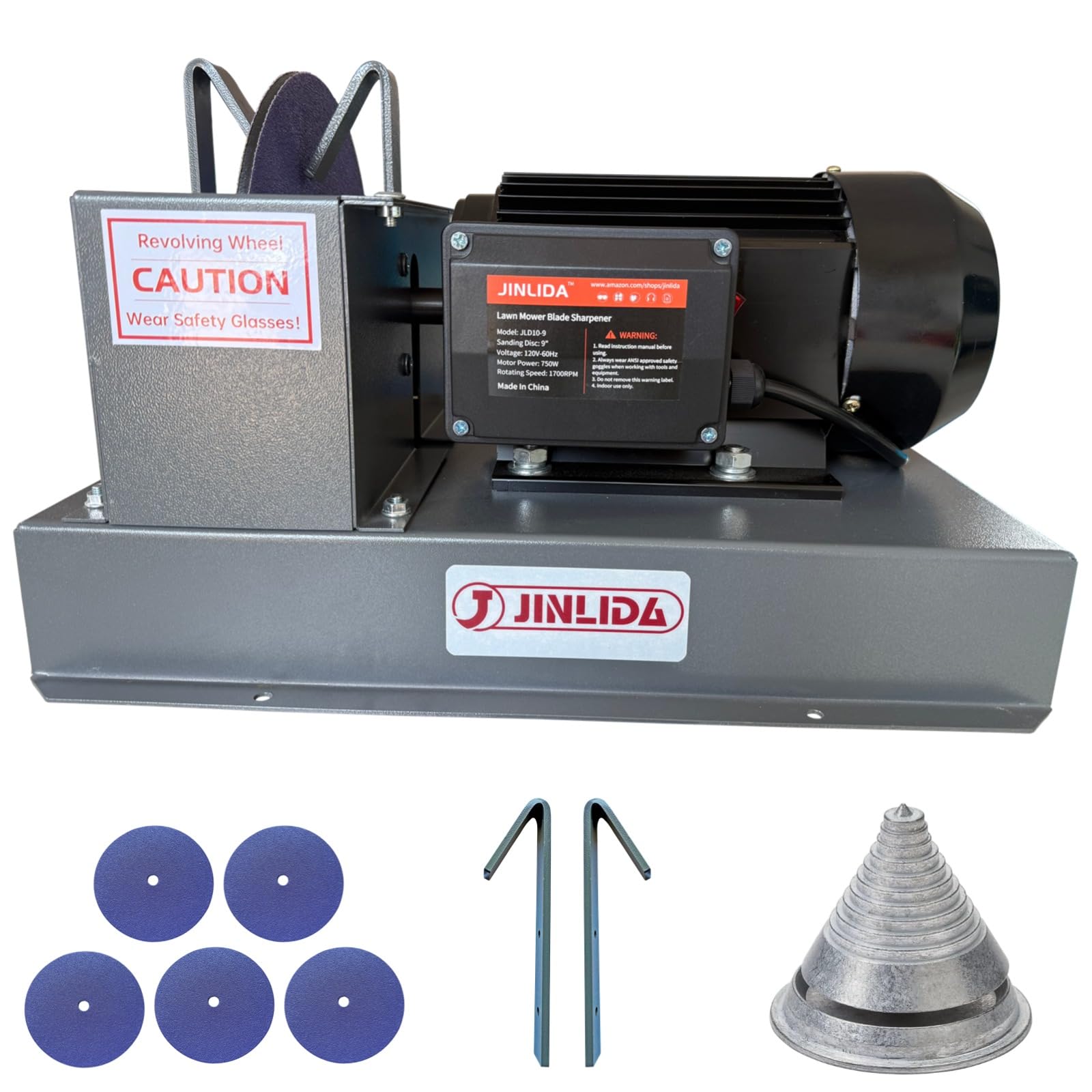 Jinlida front view of sharpener showing controls and wheel, clear workspace benefit