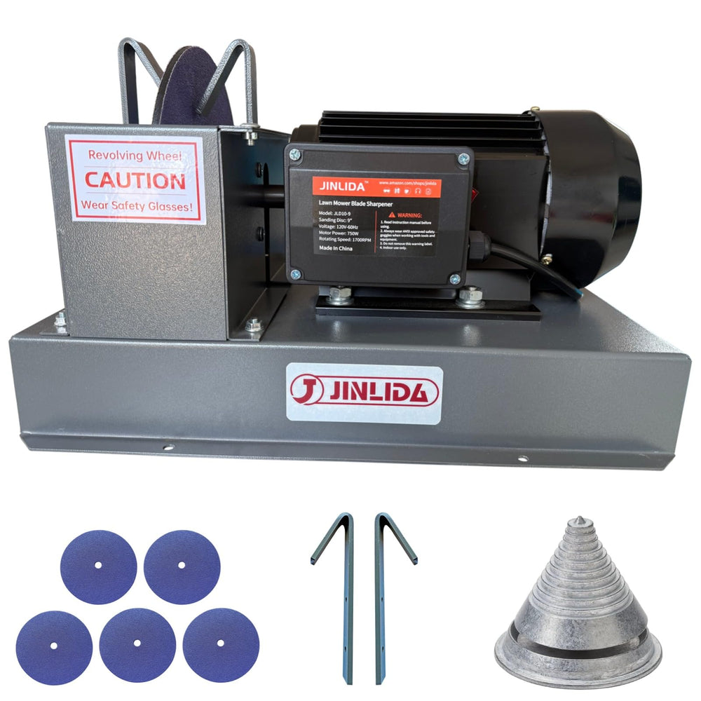 Jinlida front view of sharpener showing controls and wheel, clear workspace benefit