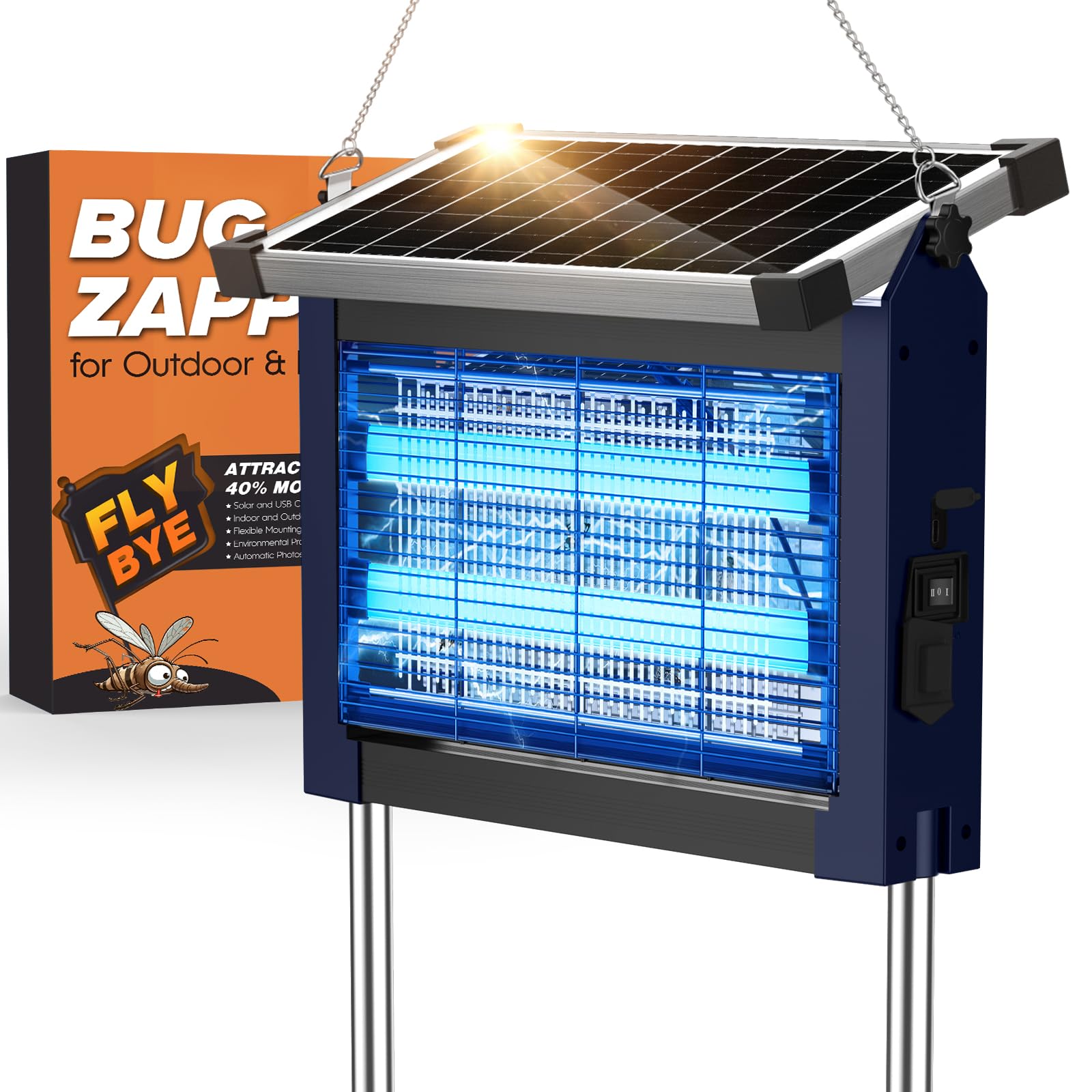 Jinyeda front view showing solar bug zapper and full lamp benefits