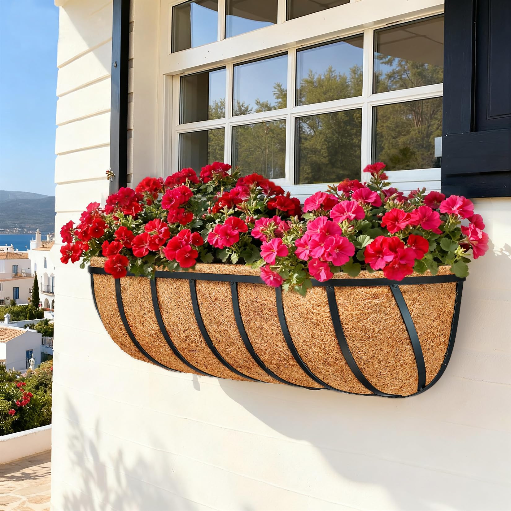 JINYICOCO liner fitted in window box with petunias, neat healthy display benefit