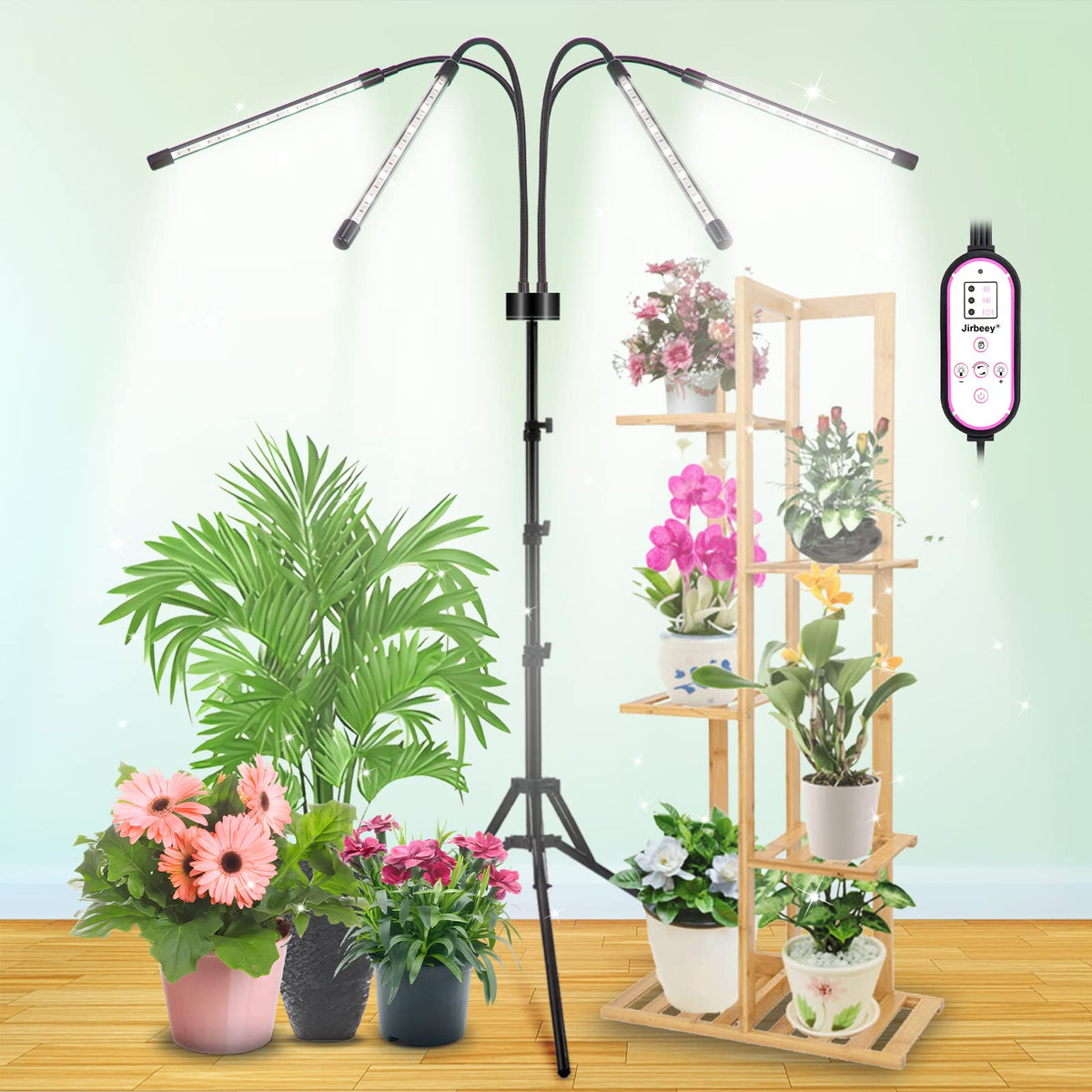JIRBEEY front view with tripod showing stable vertical support and flexible lighting benefit
