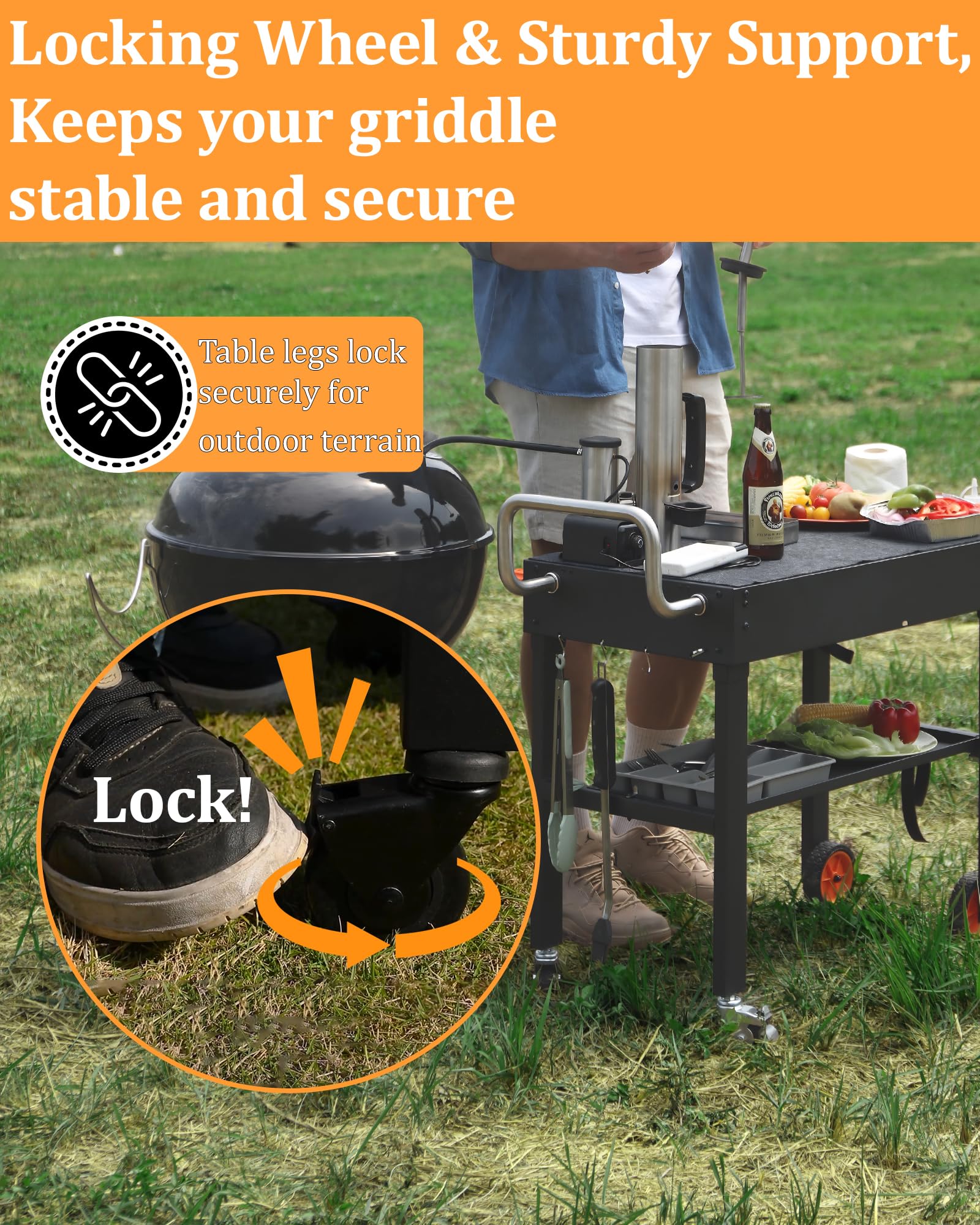 JiRiCHMi caster wheel and lock detail providing secure positioning benefit