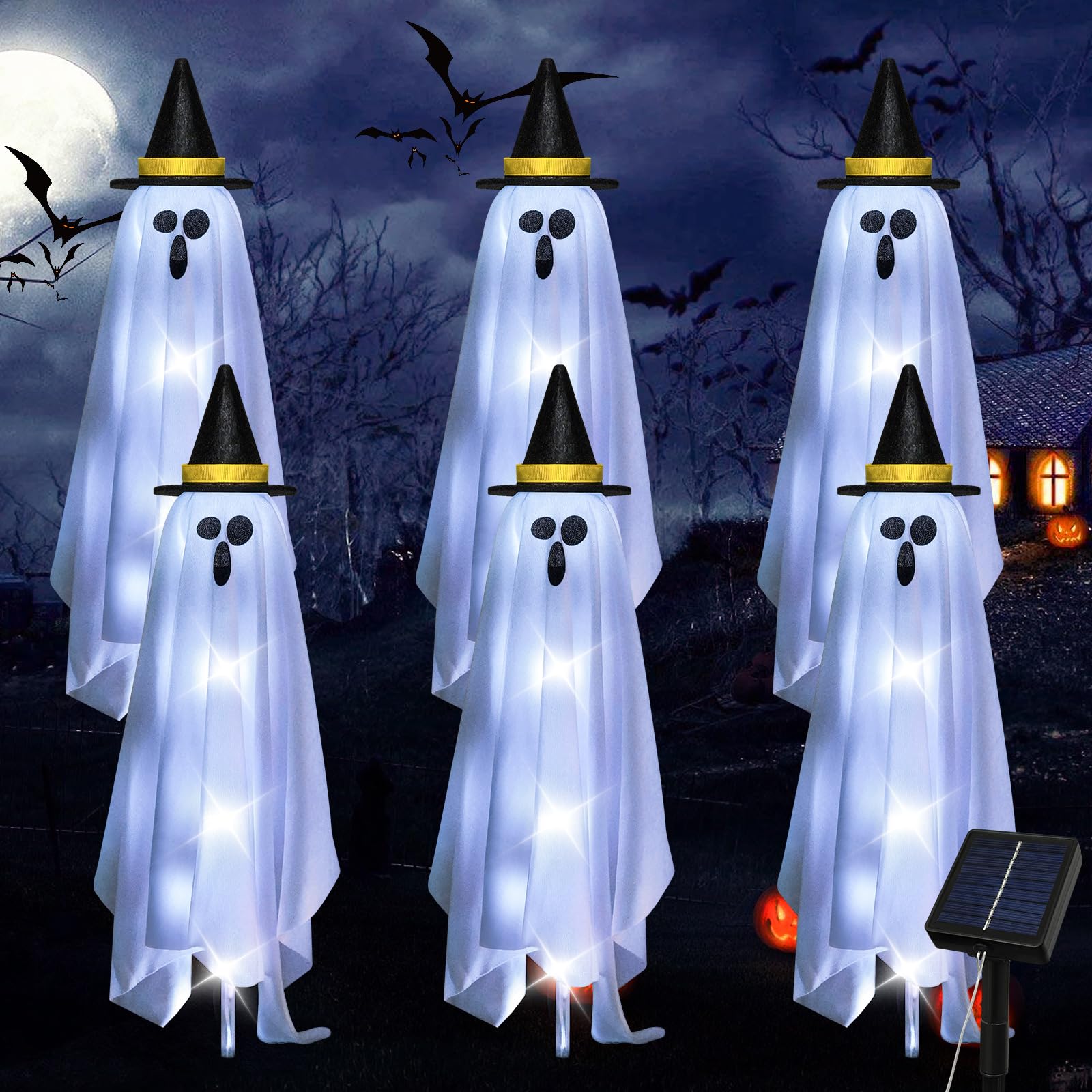 JIXXULVU front view of six ghost lights showing spooky pathway effect and curb appeal