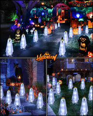 JIXXULVU ghosts lit along a yard pathway creating atmospheric Halloween lighting