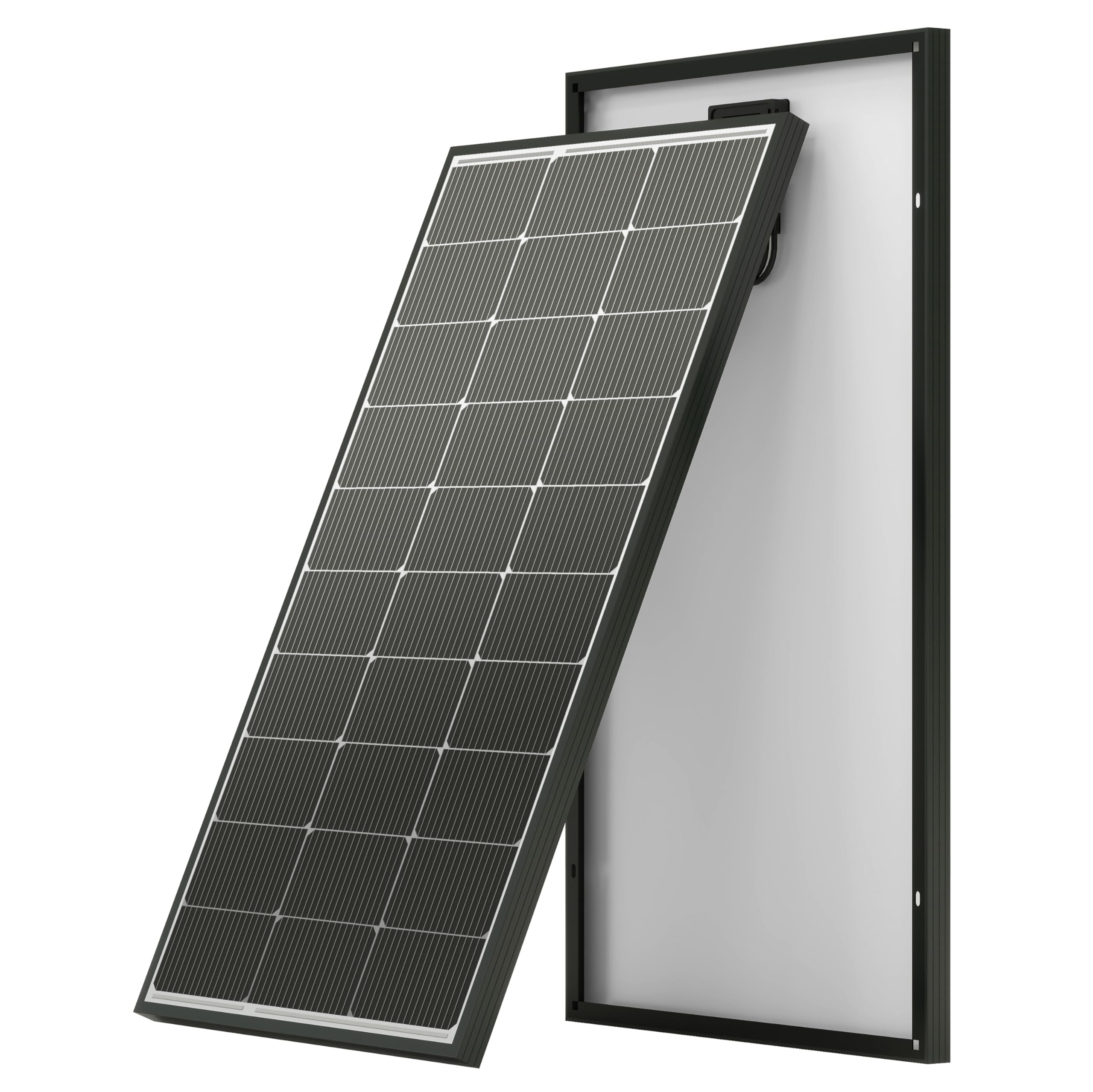 JJN 100W solar panel front view showing compact high-efficiency module and benefits