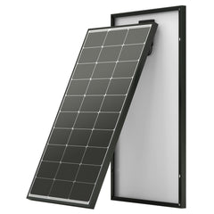 JJN 100W solar panel front view showing compact high-efficiency module and benefits