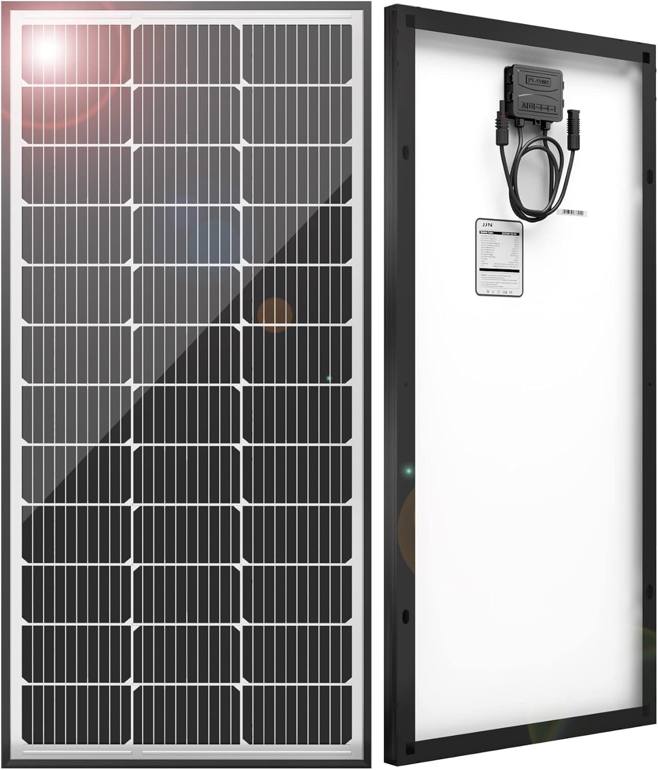 JJN 100W panel front view showing slim profile and high-efficiency cells