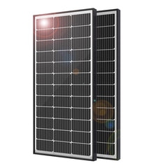 JJN front view of both 100W panels showing sleek black frame and high-efficiency cells benefit durable power