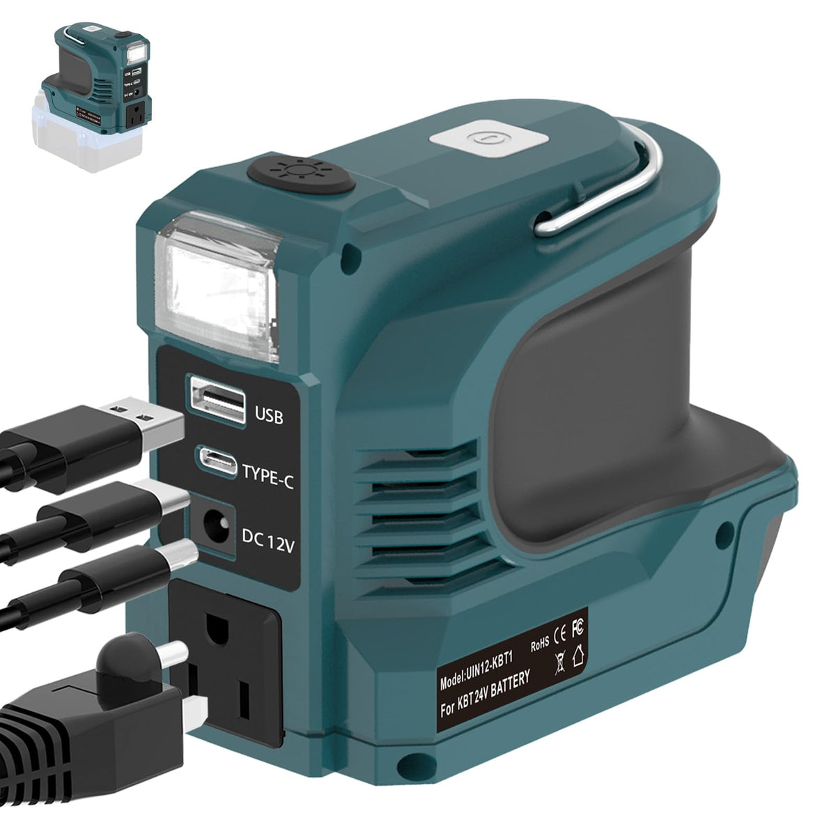 JJXNDO front panel showing AC outlet and USB ports for versatile charging