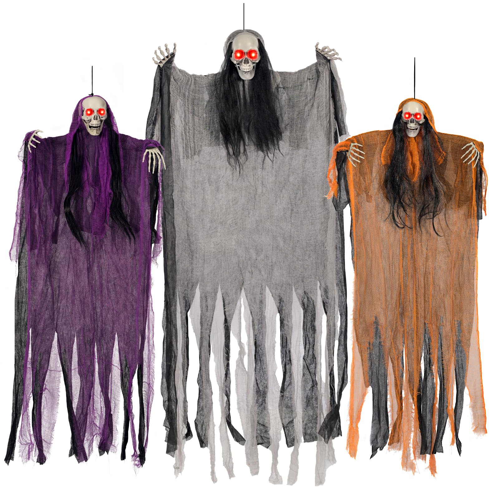 Jkoeier front view hanging ghosts with glowing eyes creating spooky curb appeal