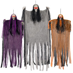 Jkoeier front view hanging ghosts with glowing eyes creating spooky curb appeal
