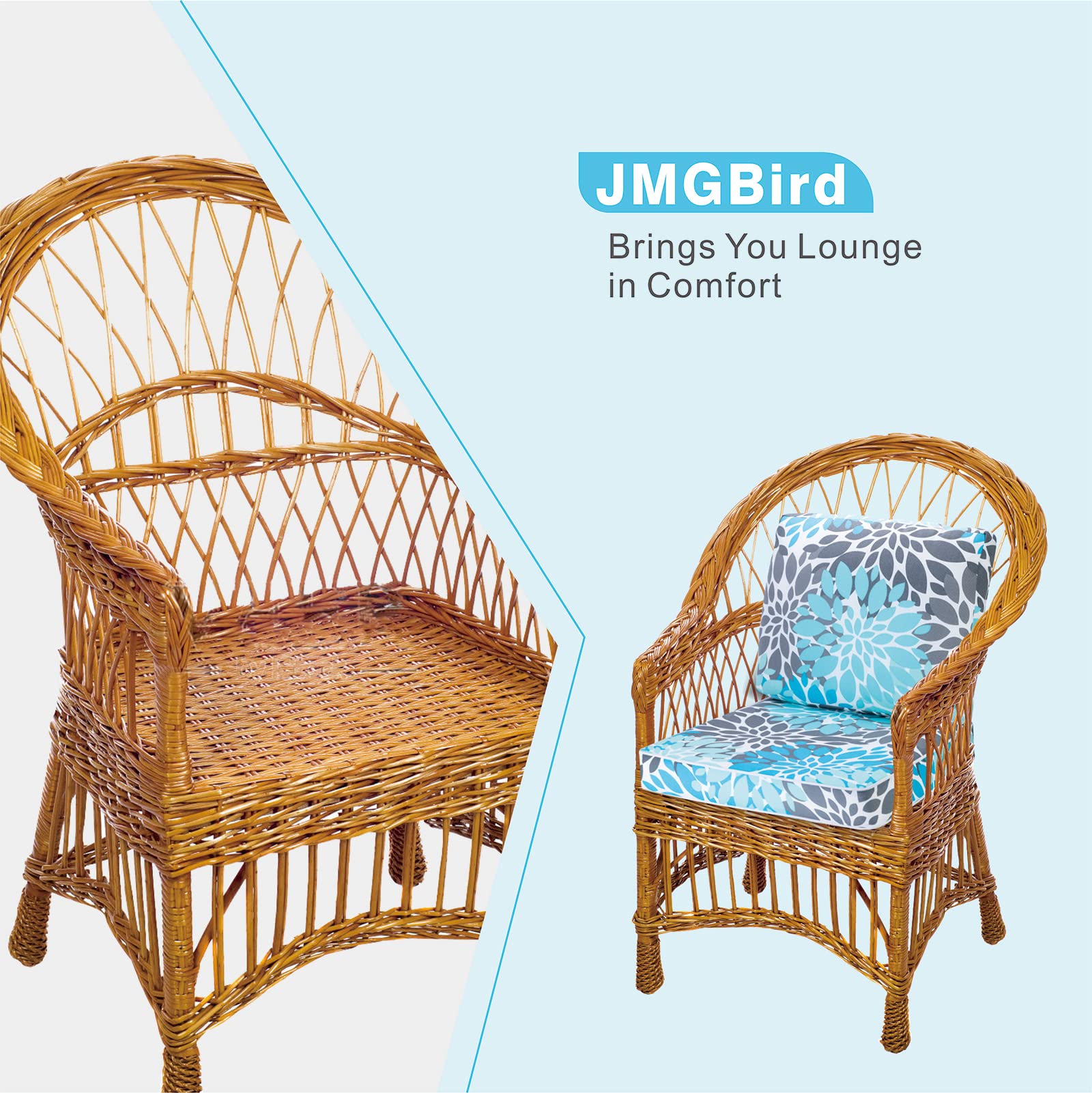 JMGBird seat cushion placed on patio chair offering immediate comfort upgrade outdoors