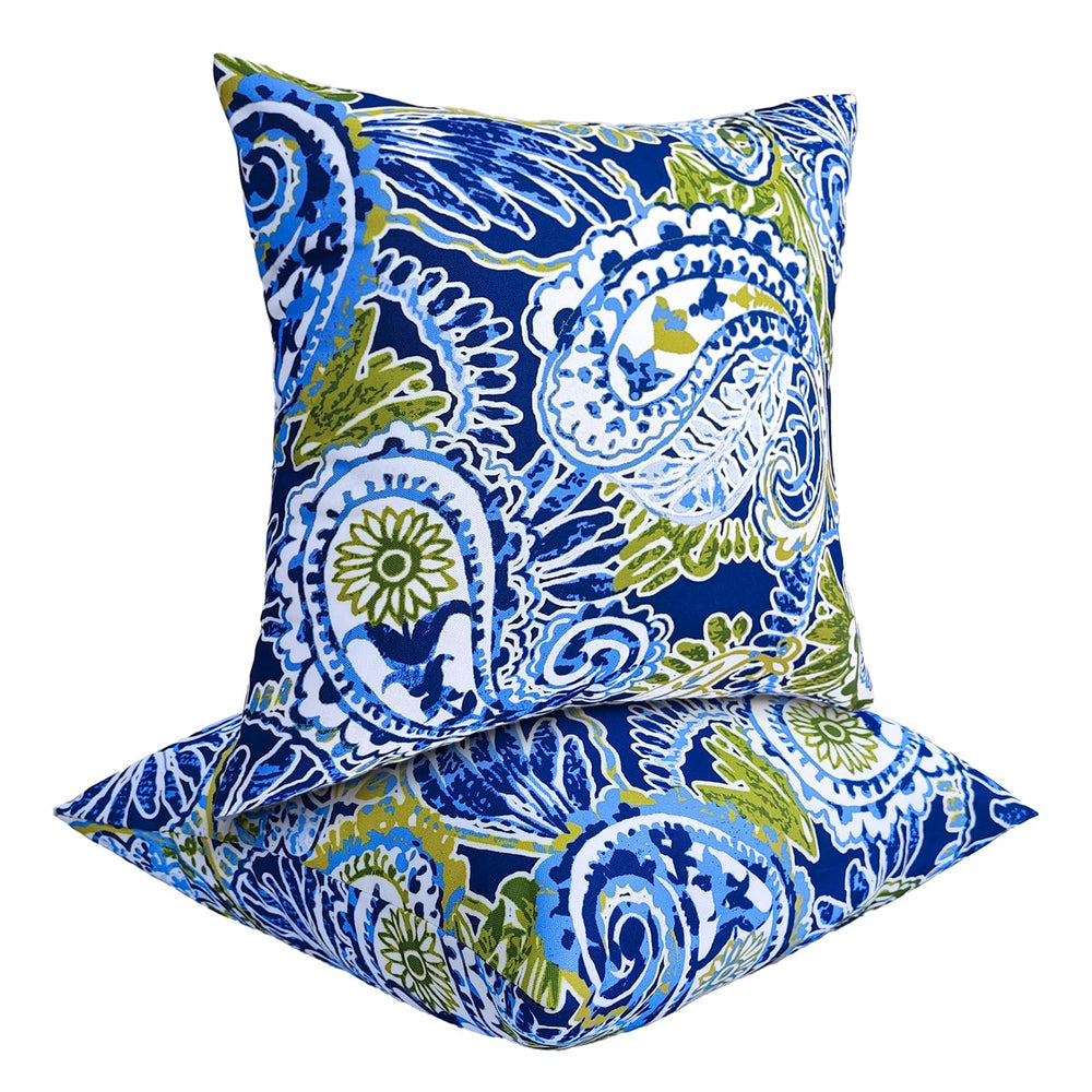 JMGBird front view of green paisley pillows set showing ready-to-use outdoor styling