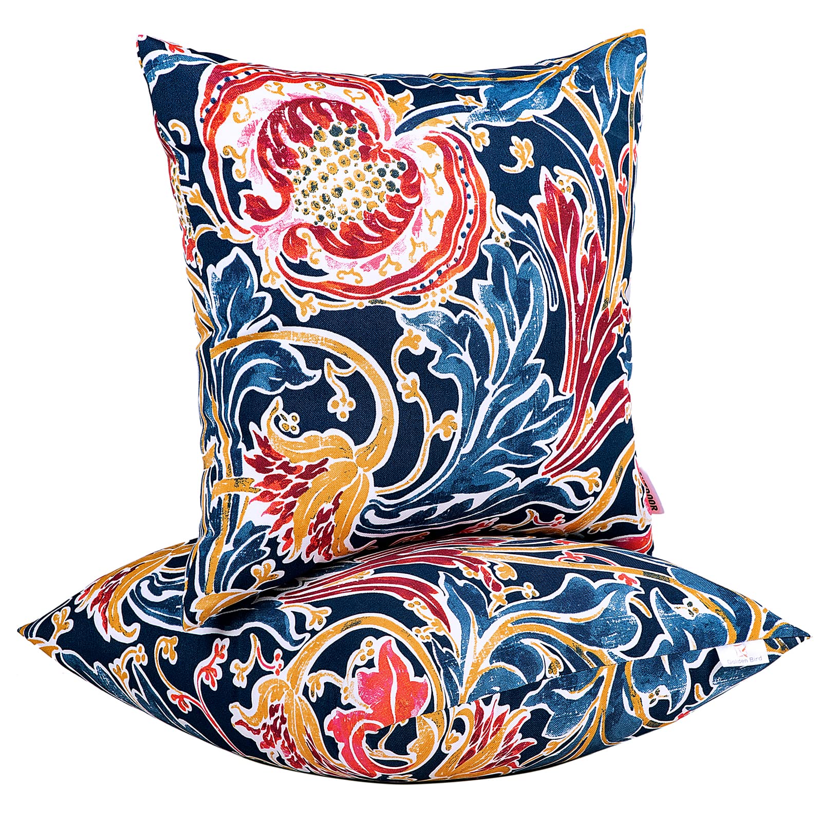JMGBird front view shows bold blue pomegranate pillows, adds instant patio color